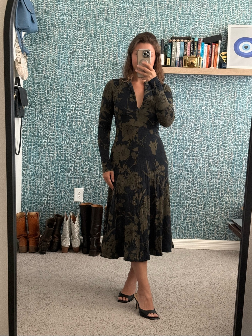 Me+Em Women's Black Scribbled Floral Print Fit And Flare Maxi Dress